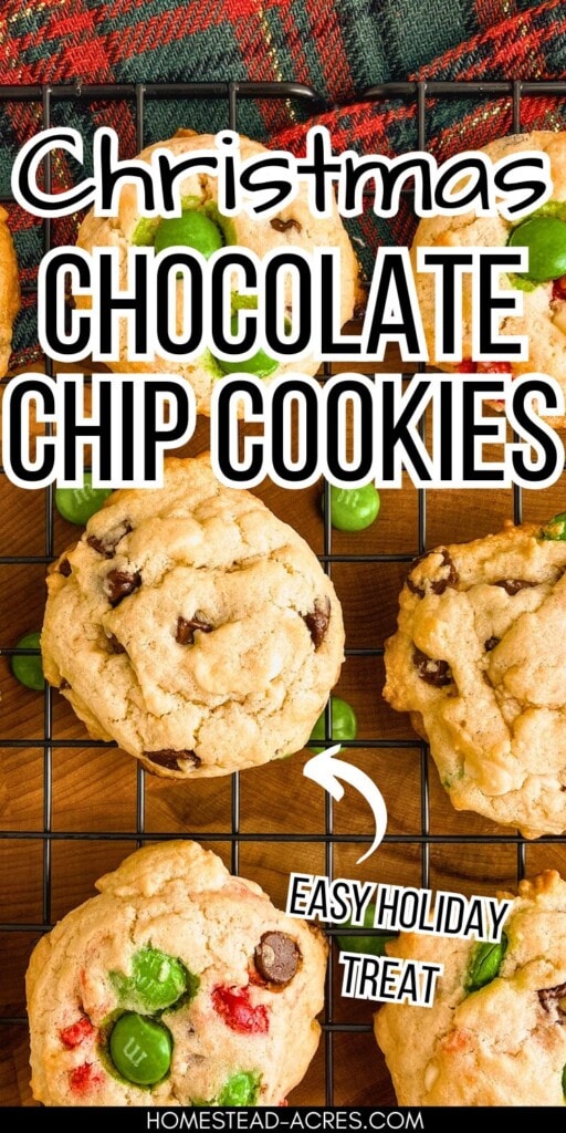 Chocolate chip cookies with M&Ms on a wire cooling rack. The text overlay says Christmas Chocolate Chip Cookies. Easy Holiday Treat.