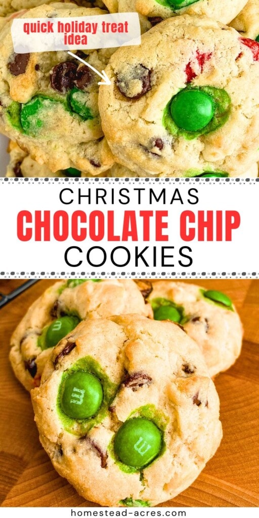 A collage of chocolate chip cookies with M&Ms on a platter and a wooden table. The text overlay says Christmas Chocolate Chip Cookies. Quick Holiday Treat Idea.
