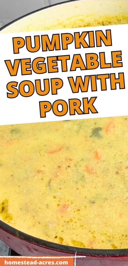 A large red dutch oven filled with homemade pumpkin soup. The text overlay says Pumpkin Vegetable Soup With Pork.