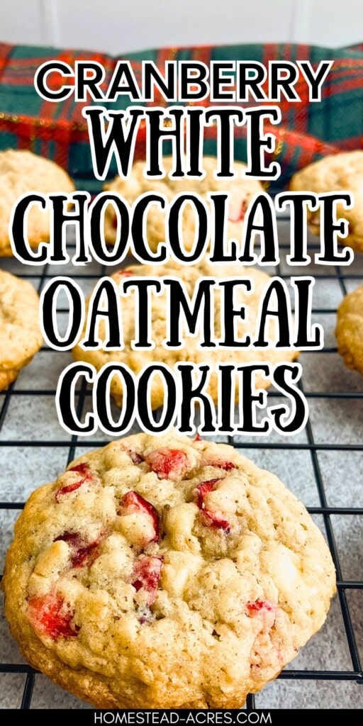 Cranberry Oatmeal cookies on a cooling rack. The text overlay says Cranberry White Chocolate Oatmeal Cookies.