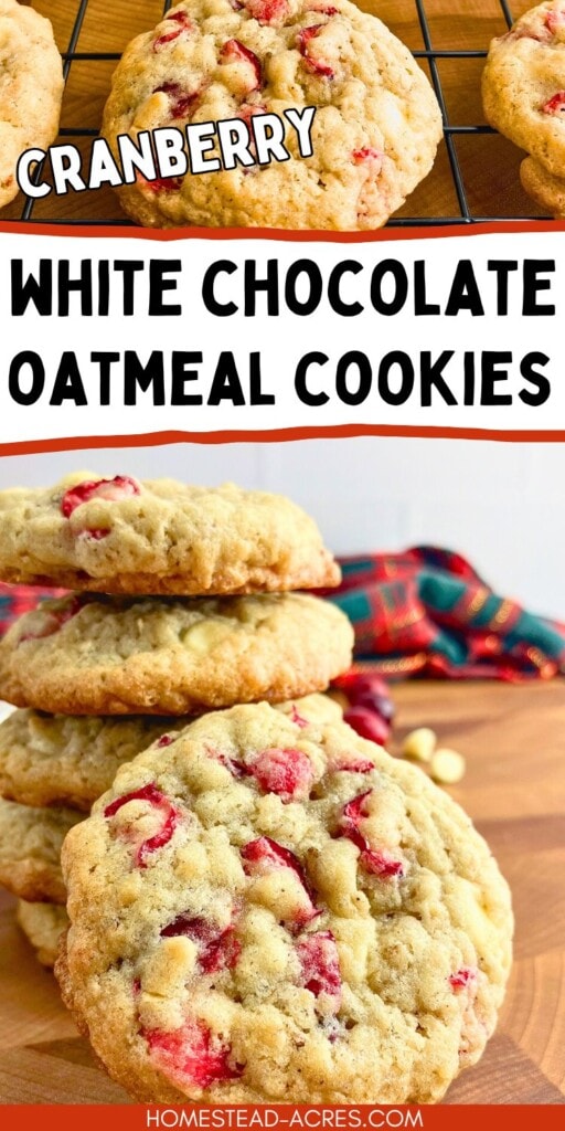 A collage of cranberry oatmeal cookies on a cooling rack and wooden table. The text overlay says Cranberry White Chocolate Oatmeal Cookies.