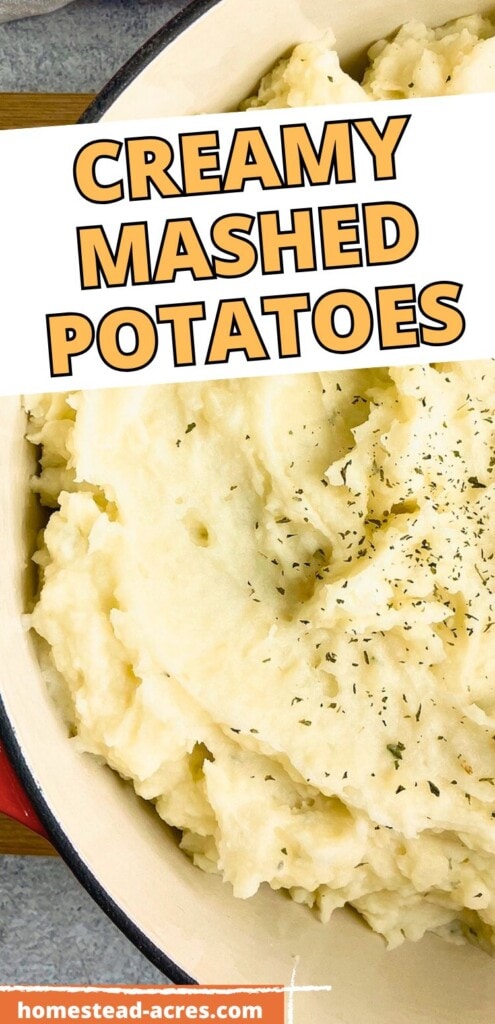 A large pot of mashed potatoes. The text overlay says Creamy Mashed Potatoes.