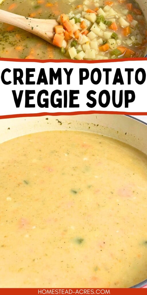 A collage of a large pot of homemade potato soup and a spoon lifting vegetables out of the soup. The text overlay says Creamy Potato Veggie Soup.