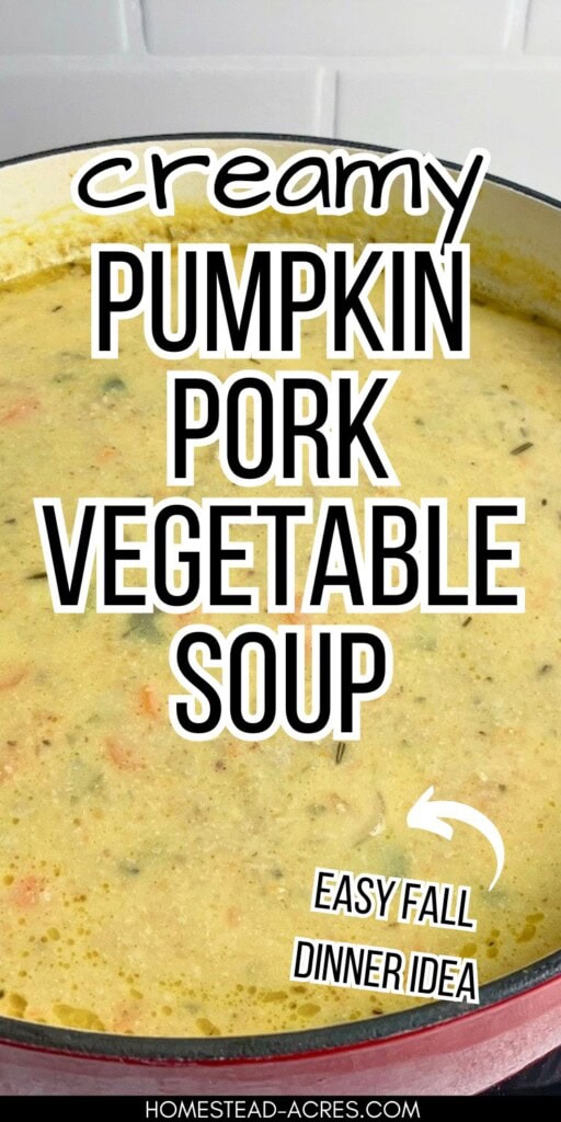 A large pot of homemade pumpkin soup. The text overlay says Creamy Pumpkin Pork Vegetable Soup. Easy Fall Dinner Idea.