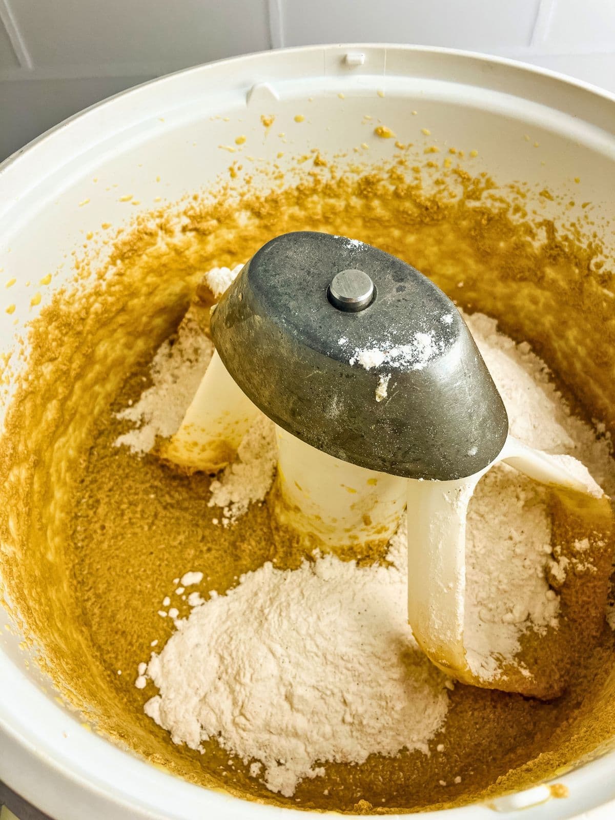 The dry ingredients were added to the wet batter in the mixer bowl.