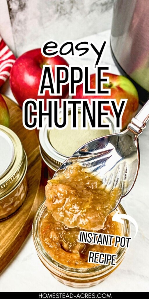 Lifting a spoonful of apple chutney up over the jar. The text overlay says Easy Apple Chutney Instant Pot Recipe.