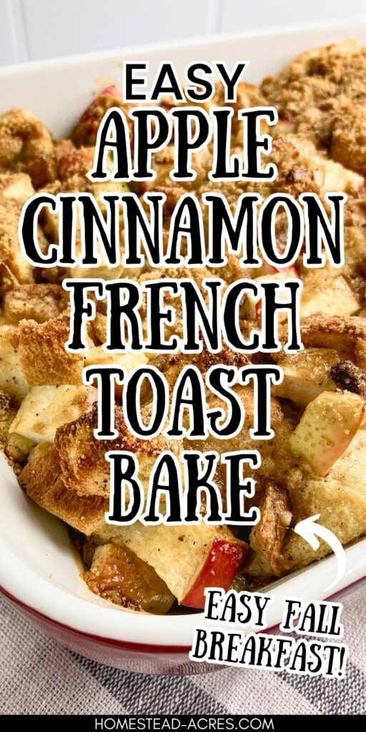 Apple cinnamon French toast casserole in a red and white baking dish. The text overlay says Easy Apple Cinnamon French Toast Bake Easy Fall Breakfast!
