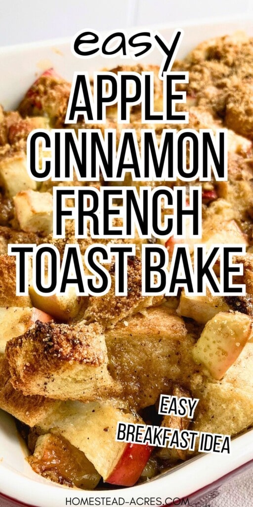 A cinnamon apple French toast casserole in a red baking dish. The text overlay says Easy Apple Cinnamon French Toast Bake, Easy Breakfast Idea.