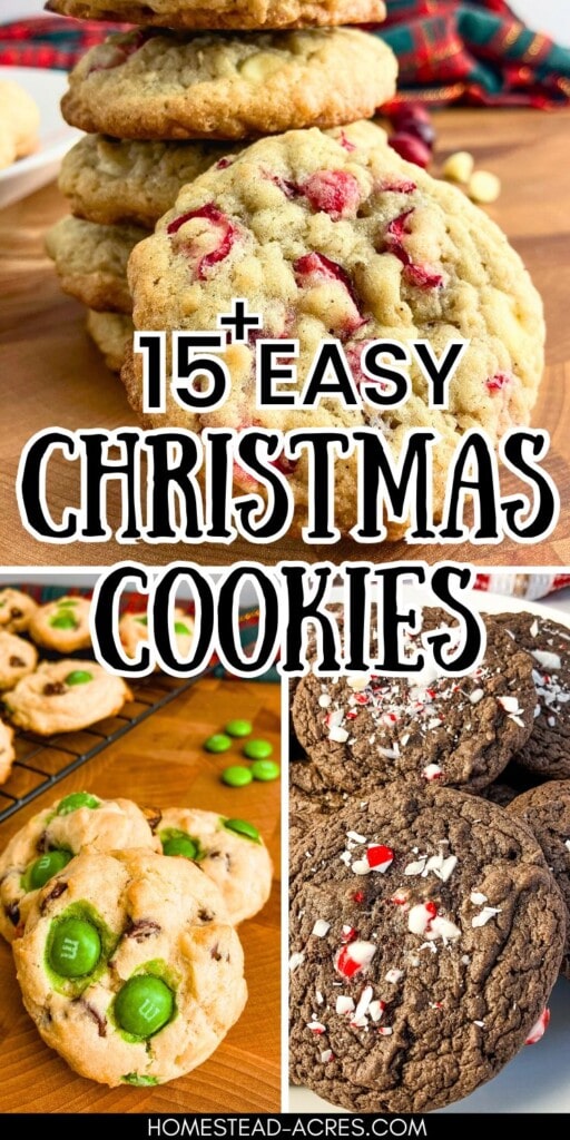 A collage of three holiday cookies. The text overlay says 15+ Easy Christmas Cookies.