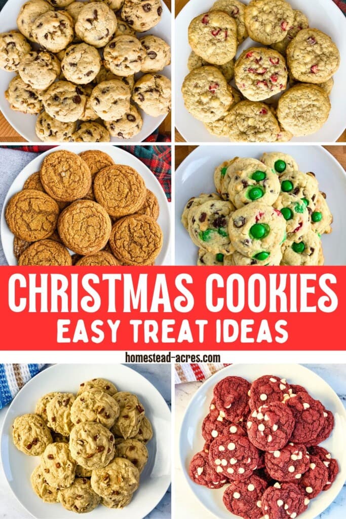 A collage of six different holiday cookies on white platters. The text overlay says Christmas Cookies Easy Treat Ideas.