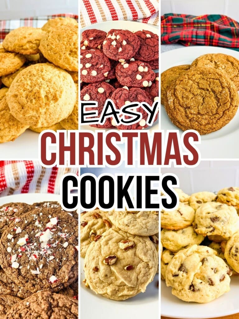 A collage of six different cookies on white platters. The text overlay says Easy Christmas Cookies.