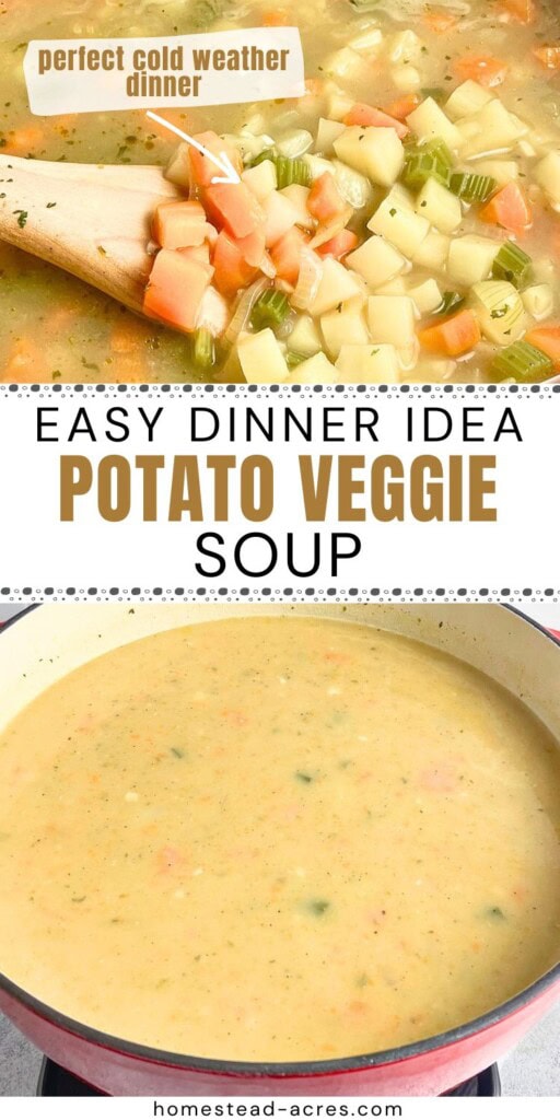 A collage of a large pot of potato soup and a spoon lifting diced potatoes, carrots, and celery out of the soup. The text overlay says Easy Dinner Idea Potato Veggie Soup. Perfect Cold Weather Dinner.
