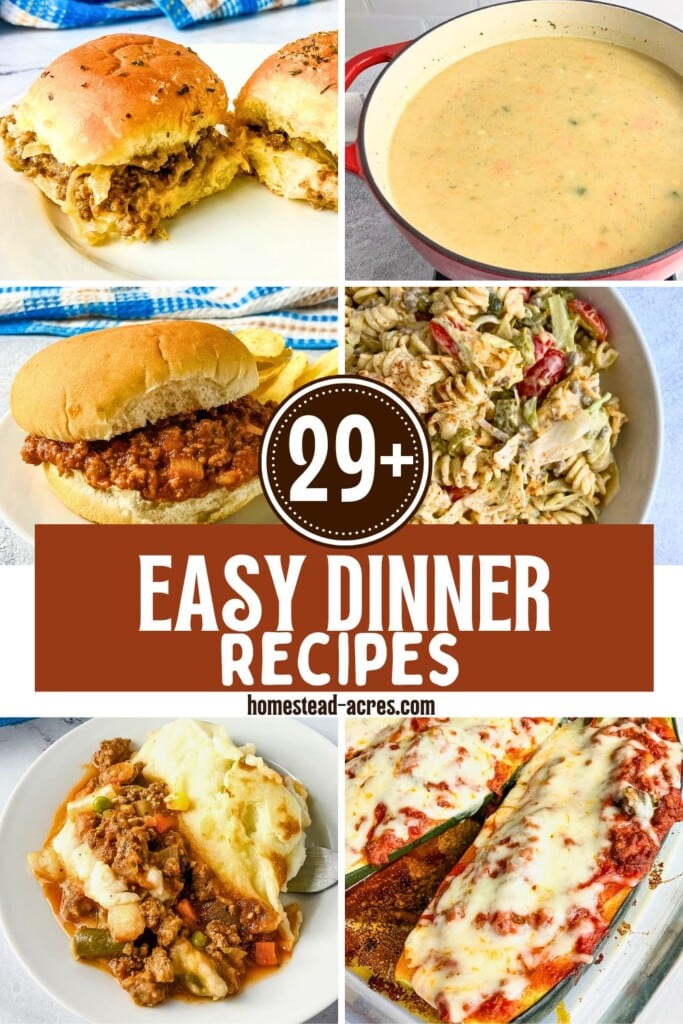 A collage of easy dinner ideas including cheese burger sliders, potato soup, sloppy joes, cheeseburger pasta salad, shepherds pie, and stuffed zucchini. The text overlay says 29+ Easy Dinner Recipes.