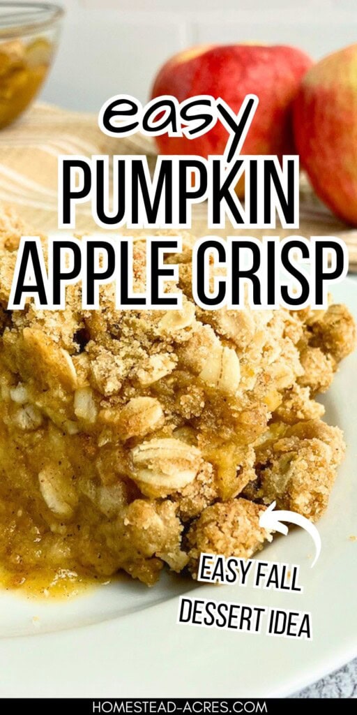 A slice of apple pumpkin crisp on a plate with apples in the background. The text overlay says Easy Pumpkin Apple Crisp. Easy Fall Dessert Idea.