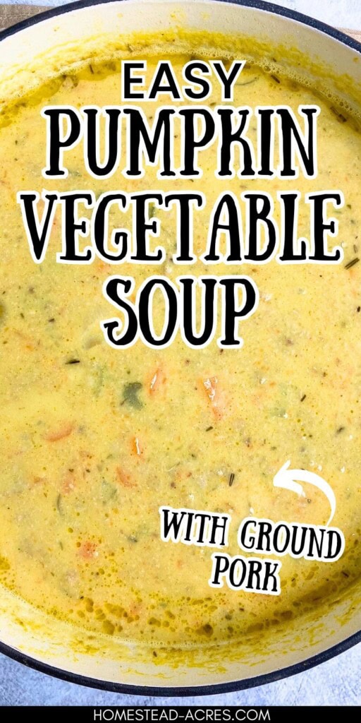 A large pot of homemade pumpkin soup. The text overlay says Easy Pumpkin Vegetable Soup With Ground Pork.