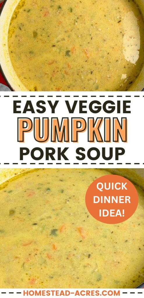A collage of pumpkin soup with vegetables in a large pot. The text overlay says Easy Veggie Pumpkin Pork Soup. Quick Dinner Idea.