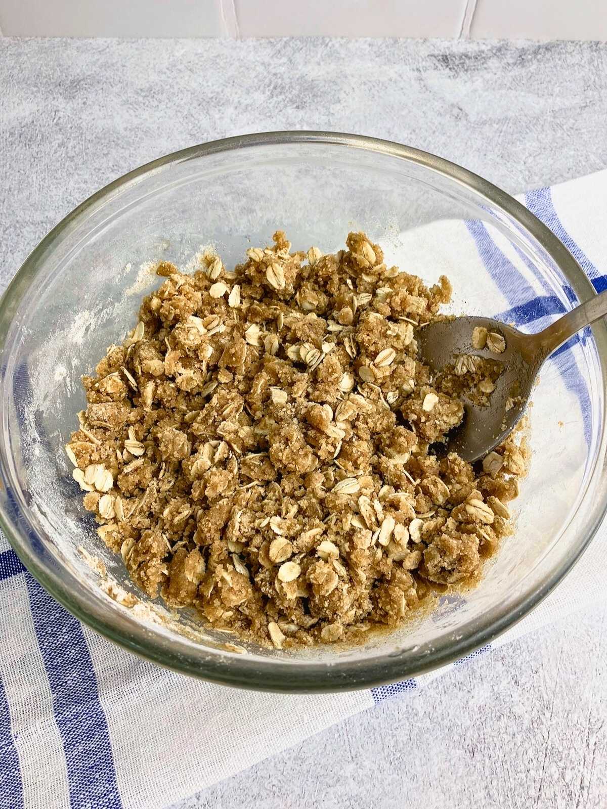 Buttery oat topping mixed together.