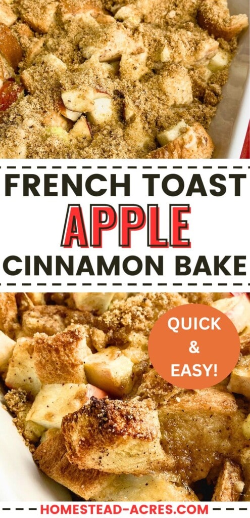 A collage of apple French toast casserole in a baking dish. The text overlay says French Toast Apple Cinnamon Bake Quick And Easy.