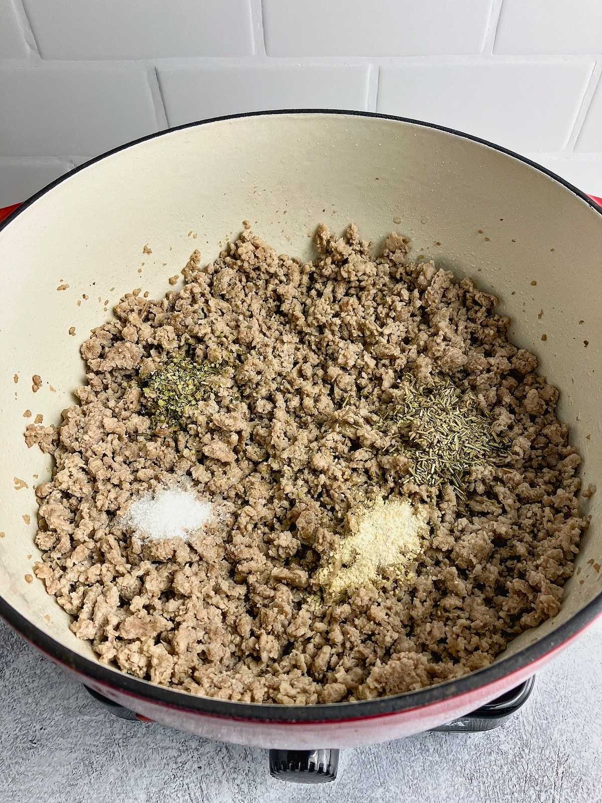 Seasonings were added to the cooked ground pork.