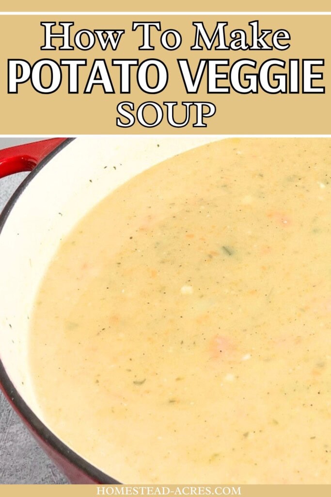 A large pot of homemade potato soup. The text overlay says How To Make Potato Veggie Soup.
