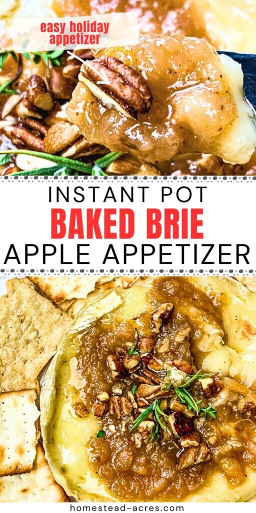 A collage of baked brie on a platter with crackers and a serving lifted over it. The text overlay says Instant Pot Baked Brie Apple Appetizer. Easy Holiday Appetizer.