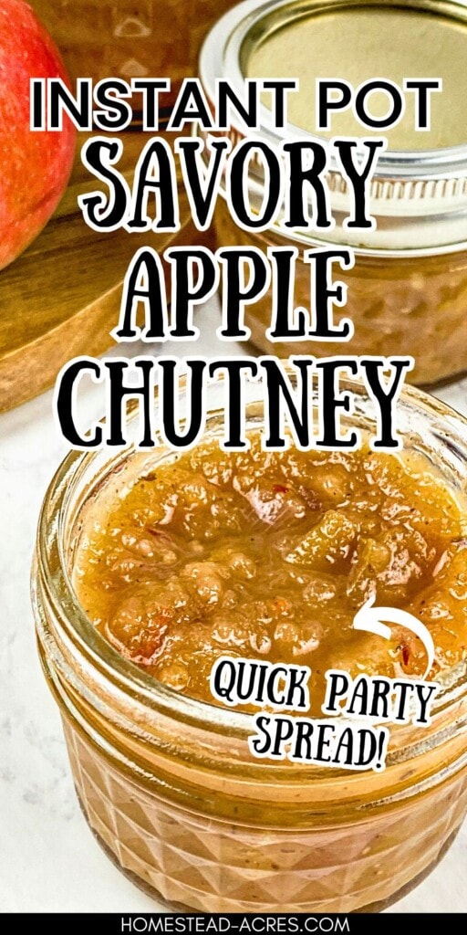 A small mason jar of homemade apple chutney. The text overlay says Instant Pot Savory Apple Chutney Quick Party Spread.
