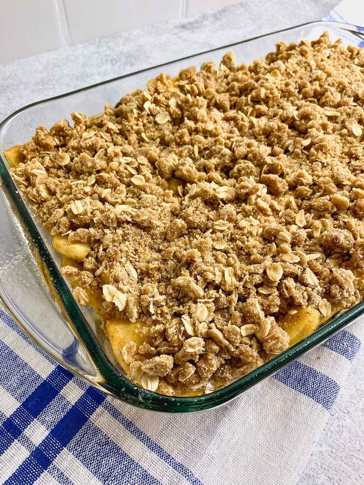 Oat topping sprinkled over the top of the fruit filling.