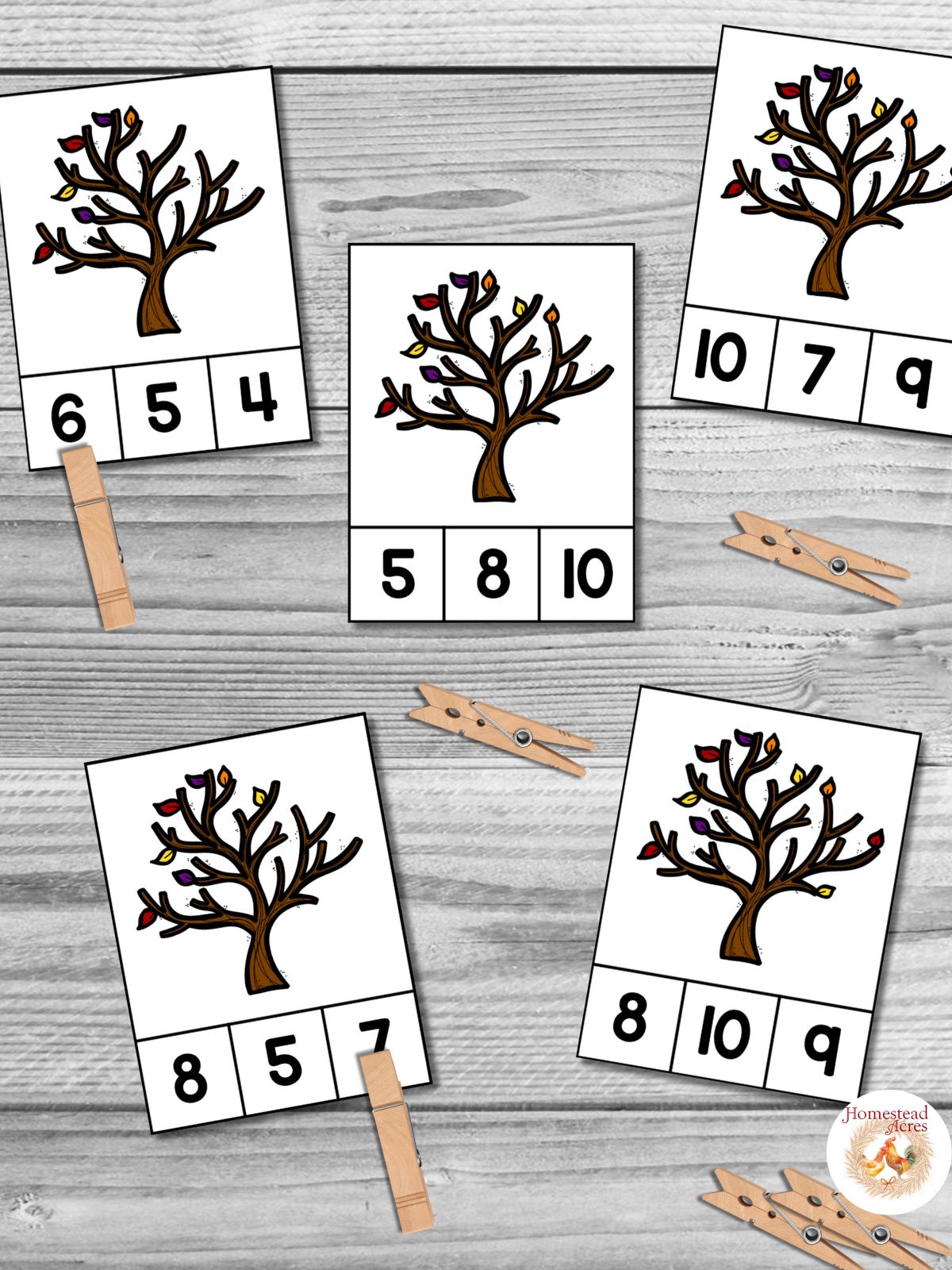 Sample fall leaves counting cards for numbers 6 to 10.