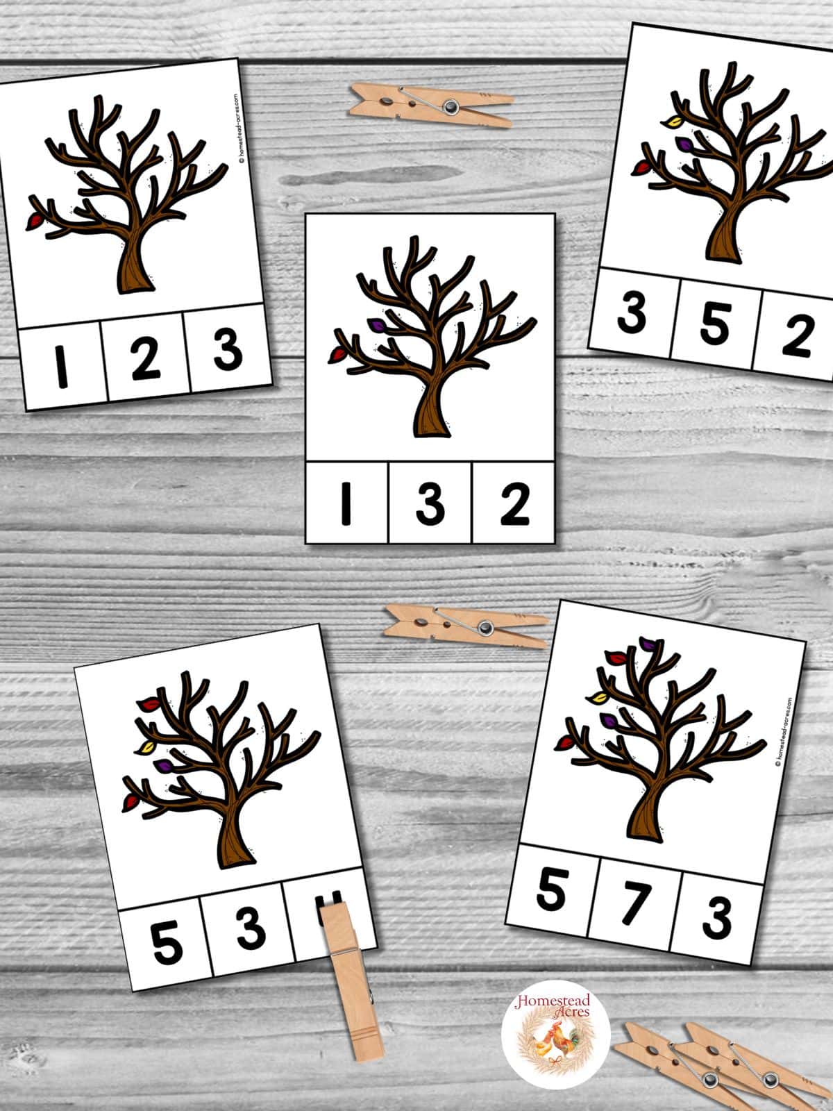 Sample fall leaves counting cards for numbers 1 to 5.
