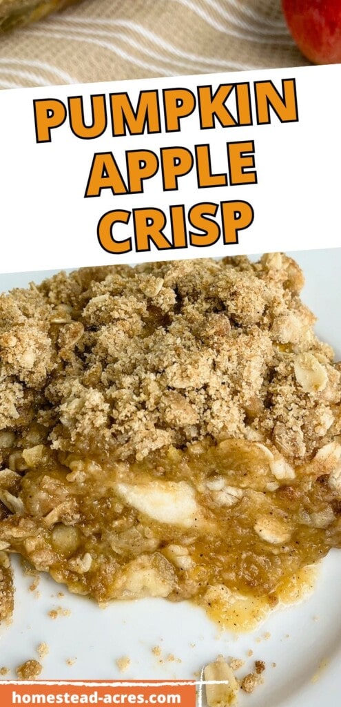 A slice of apple pumpkin crisp on a white plate. The text overlay says Pumpkin Apple Crisp.
