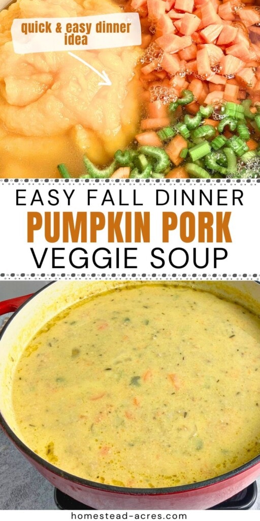 A collage of diced carrots, celery, and pumpkin puree in a pot, and the finished pumpkin soup. The text overlay says Easy Fall Dinner Pumpkin Pork Veggie Soup.