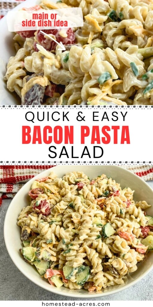 Collage image of bacon pasta salad in a white serving bowl. The text overlay says Quick And Easy Bacon Pasta Salad. Main or Side Dish Idea.