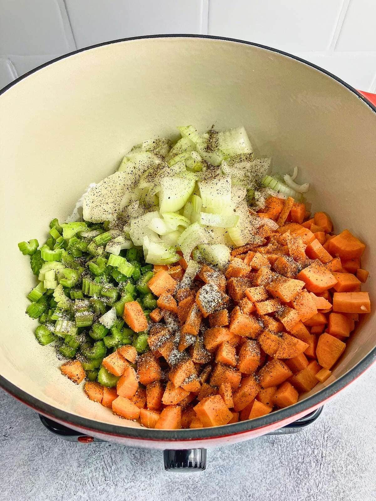 Seasonings sprinkled over the top of the vegetables.