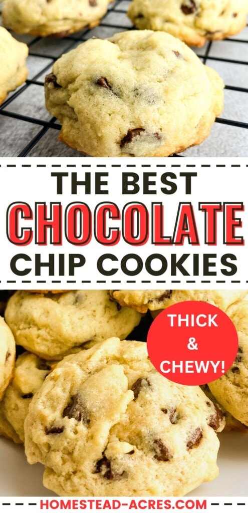 A collage of homemade chocolate chip cookies on a plate and cooling rack. The text overlay says The Best Chocolate Chip Cookies. Thick And Chewy!