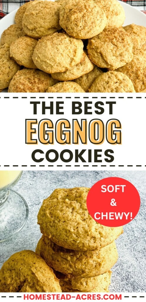 A collage of a platter of eggnog cookies and a stack of cookies on the counter. The text overlay says The Best Eggnog Cookies Soft And Chewy.