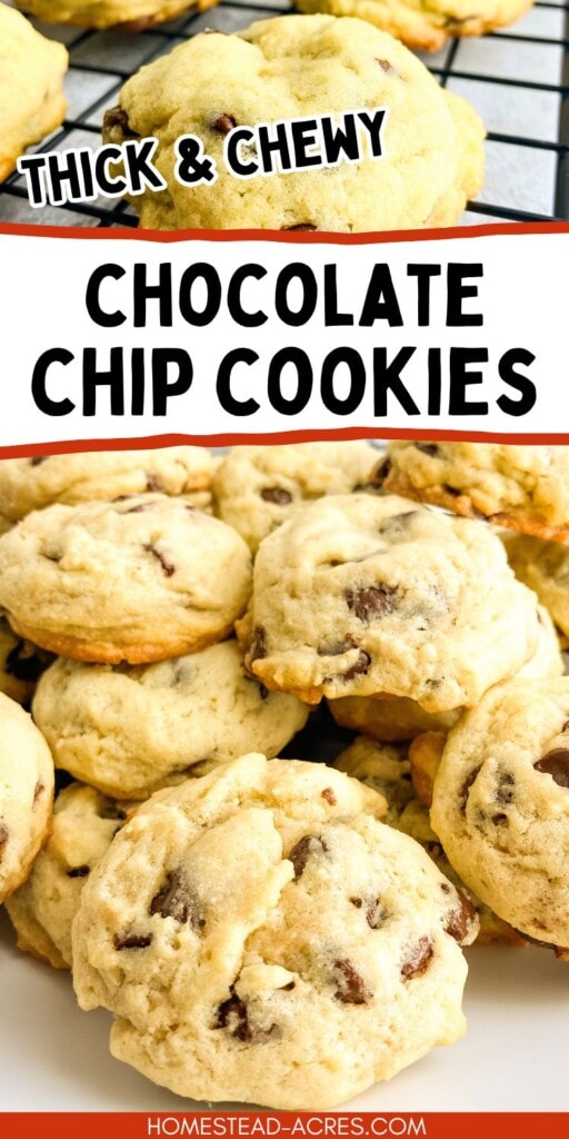A collage of homemade cookies on a cooling rack and on a plate. The text overlay says Thick And Chewy Chocolate Chip Cookies.