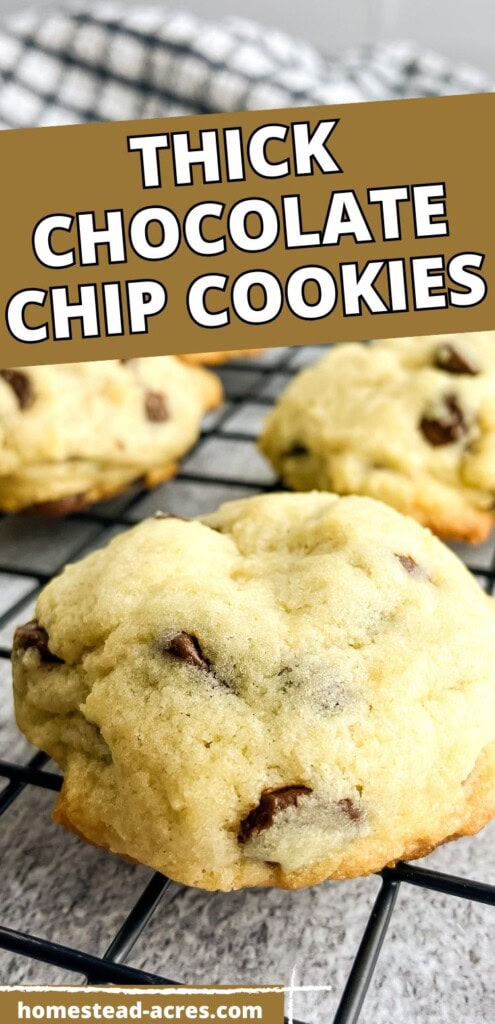 Chocolate chip cookies are cooling on a wire rack. The text overlay says Thick Chocolate Chip Cookies.