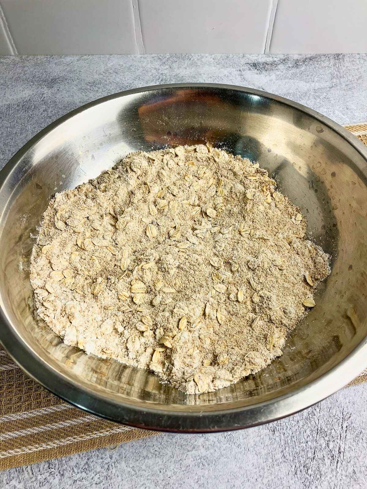 The dry ingredients have been mixed together for the topping.