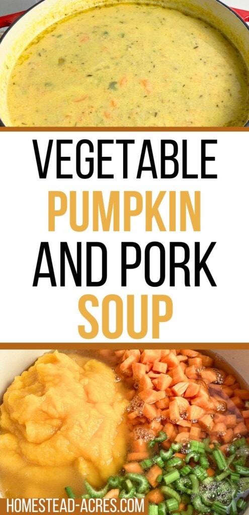 A collage of pumpkin puree, carrots, and celery in a soup pot, and the finished soup. The text overlay says Vegetable Pumpkin And Pork Soup.