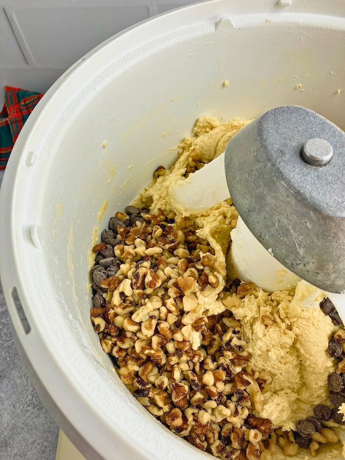 Chopped walnuts and chocolate chips were added to the cookie dough.