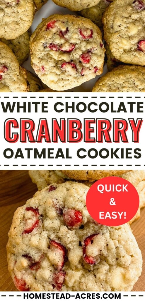 A Collage of cranberry oatmeal cookies on a platter and on a wooden table. The text overlay says White Chocolate Cranberry Oatmeal Cookies Quick And Easy.