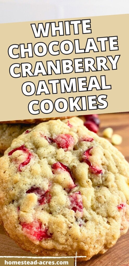 Homemade cranberry white chocolate chip oatmeal cookies on a wooden table. The text overlay says White Chocolate Cranberry Oatmeal Cookies.