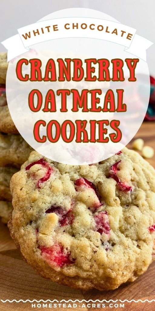Cranberry oatmeal cookies on a wooden table. The text overlay says White Chocolate Cranberry Oatmeal Cookies.
