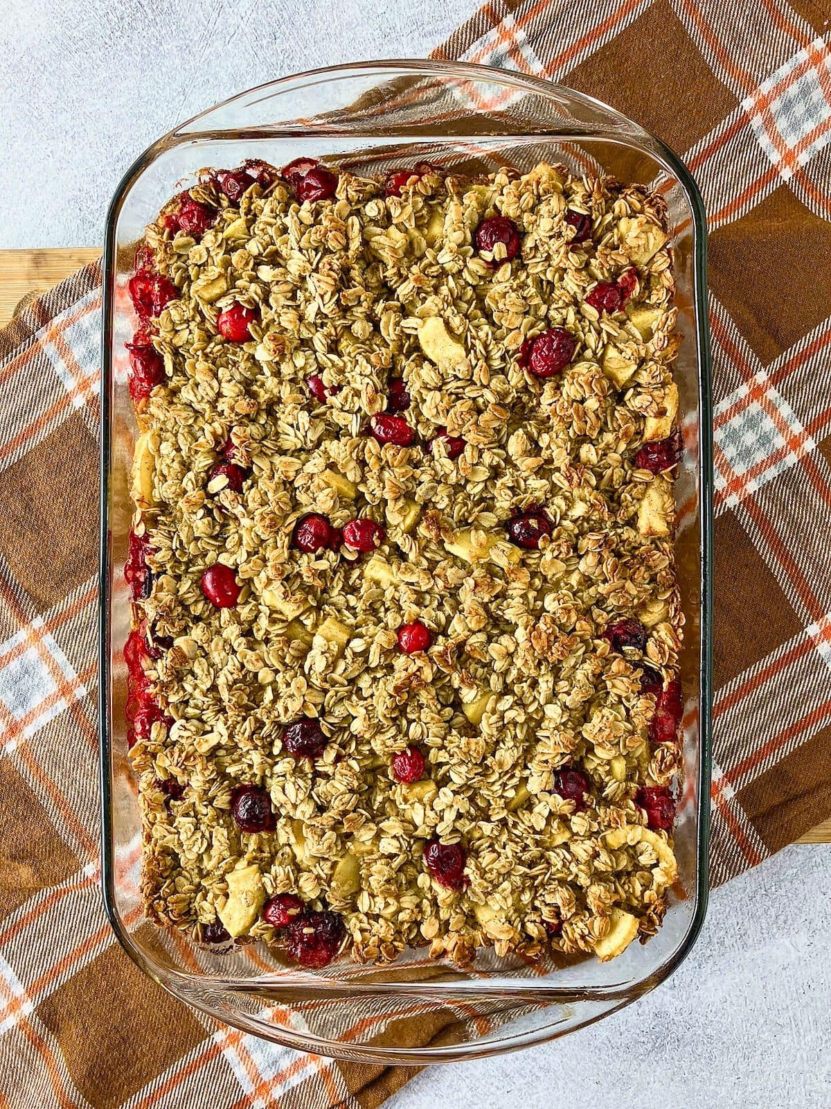 A baking dish of homemade apple cranberry baked oatmeal.