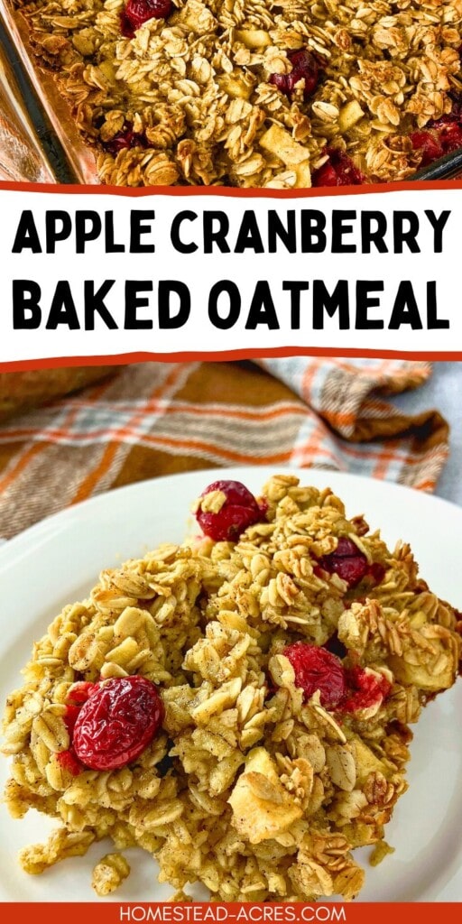A collage of cranberry and apple baked oatmeal in a baking dish and on a plate. The text overlay says Apple Cranberry Baked Oatmeal.