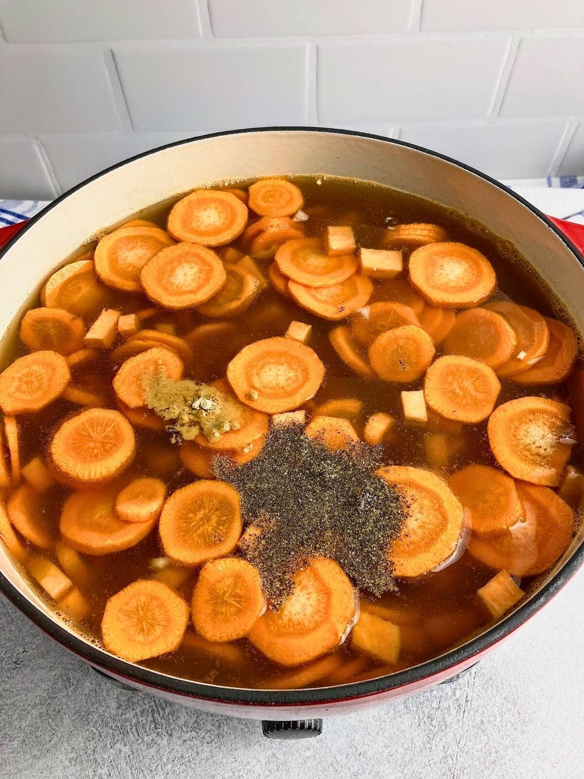 Vegetable broth and spices were added to the soup.