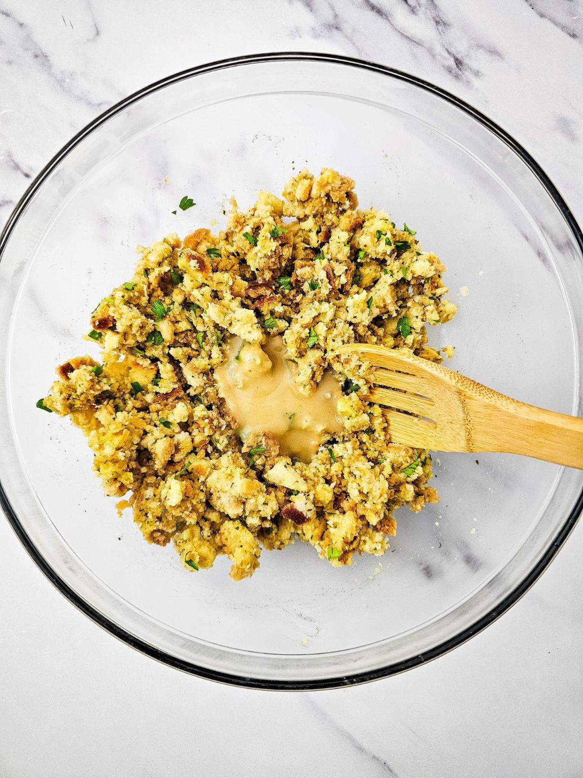 Melted butter and gravy were added to the stuffing mix.