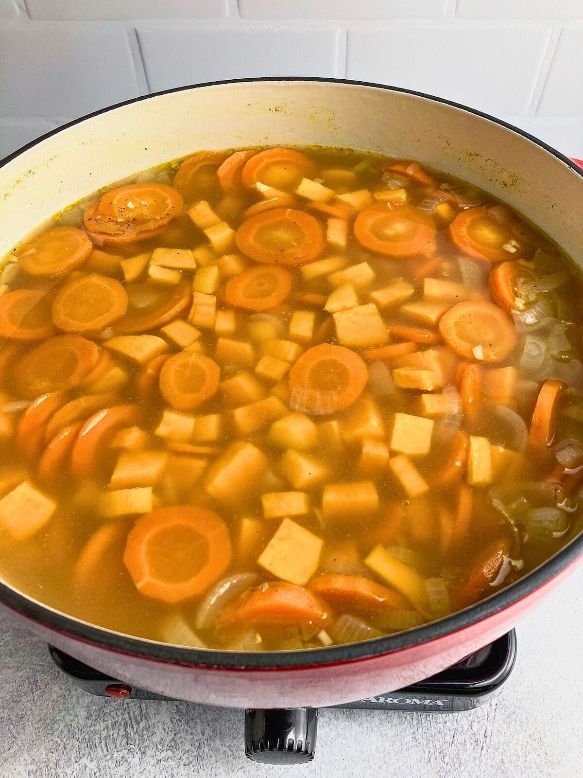 Vegetables are cooked until tender and ready to puree.