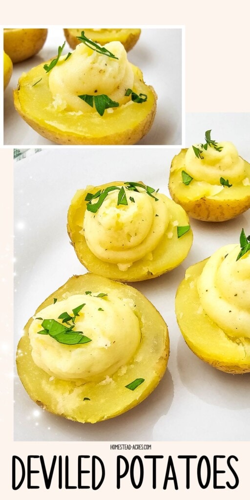 A collage of homemade deviled potatoes on a white tray.