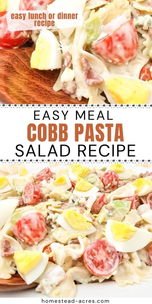 A collage of homemade Cobb pasta salad on a serving platter. The text overlay says Easy Meal Cobb Pasta Salad Recipe. Easy Lunch Or Dinner Recipe.